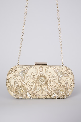 Golden Hand Embroidered Raw Silk Clutch  by The Purple Sack
