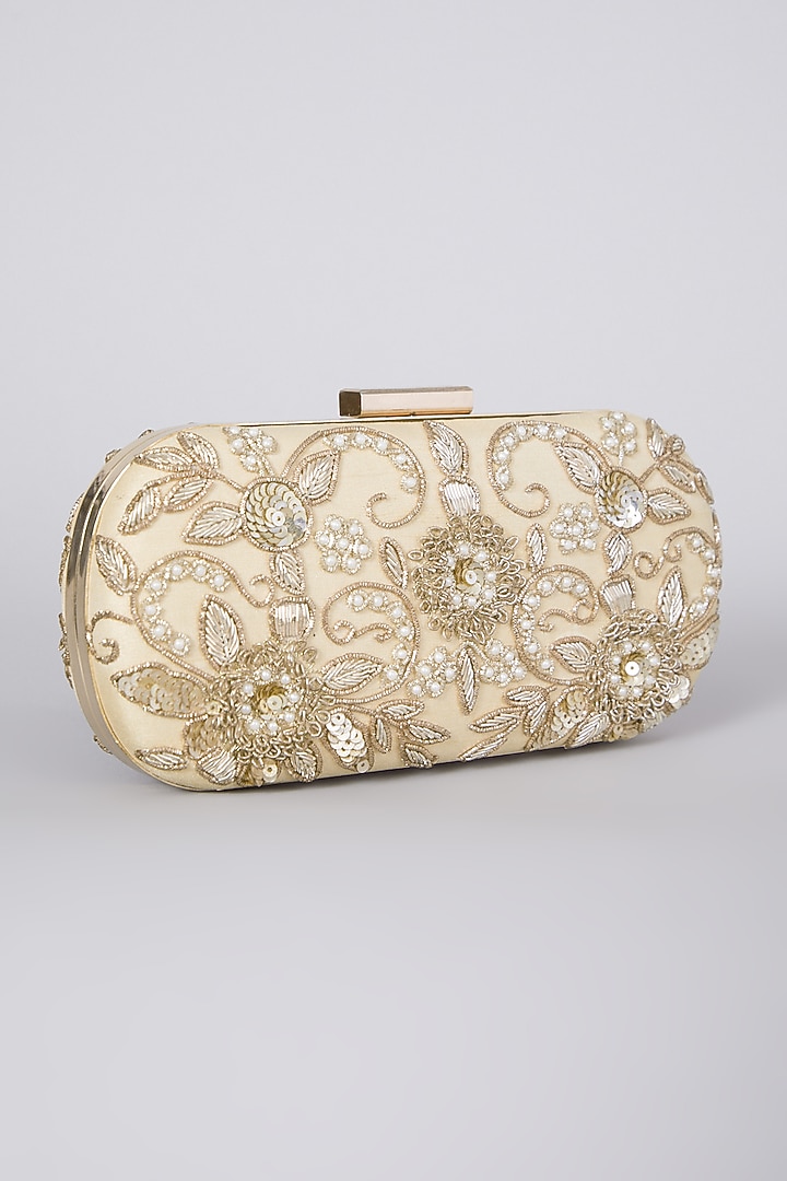Golden Hand Embroidered Raw Silk Clutch by The Purple Sack at Pernia's Pop Up Shop