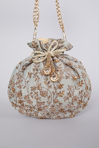 Ice Blue Hand Embroidered Raw Silk Potli  by The Purple Sack