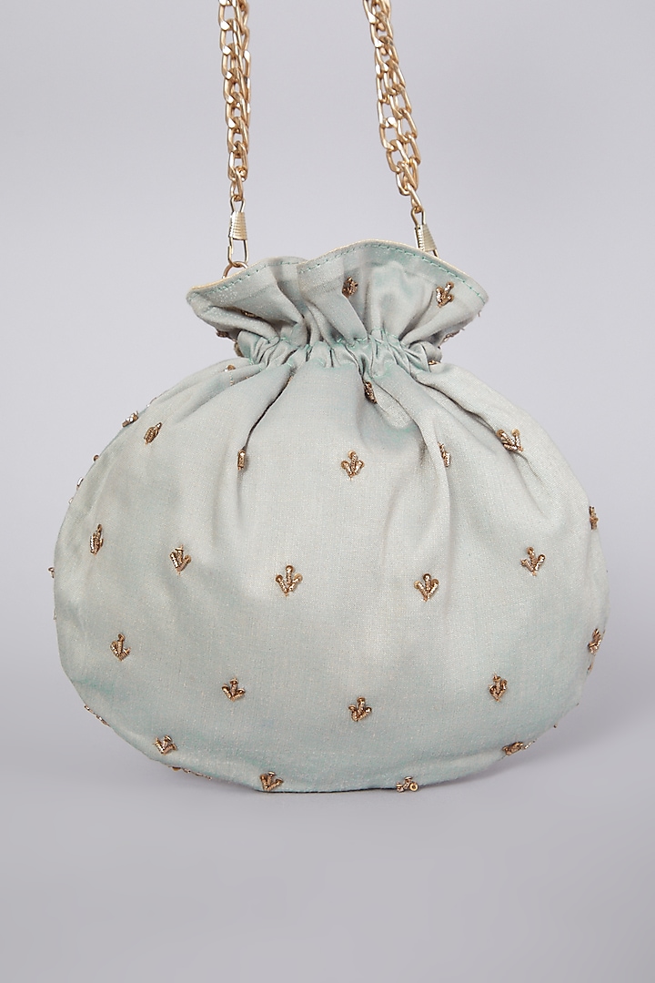 Ice Blue Hand Embroidered Raw Silk Potli by The Purple Sack at Pernia's Pop Up Shop