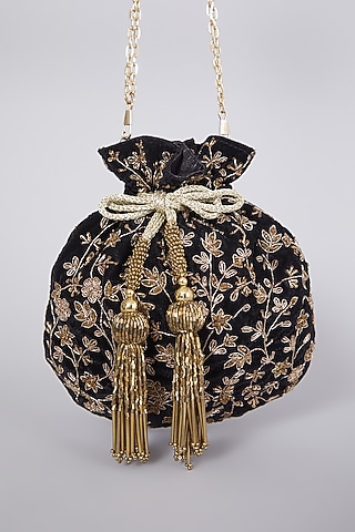 Black Hand Embroidered Raw Silk Potli  by The Purple Sack