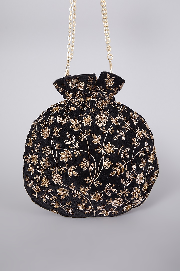 Black Hand Embroidered Raw Silk Potli by The Purple Sack at Pernia's Pop Up Shop