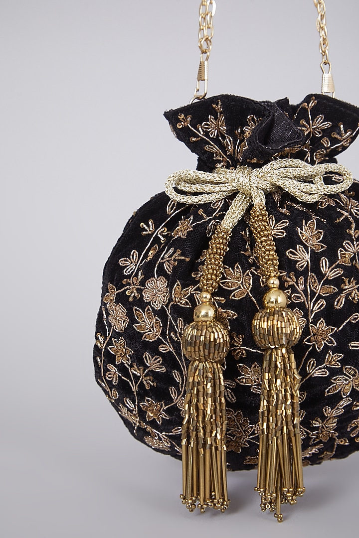 Black Hand Embroidered Raw Silk Potli by The Purple Sack at Pernia's Pop Up Shop