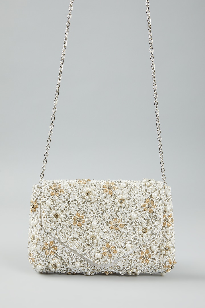 White Hand Embroidered Clutch Bag by The Purple Sack at Pernia's Pop Up Shop