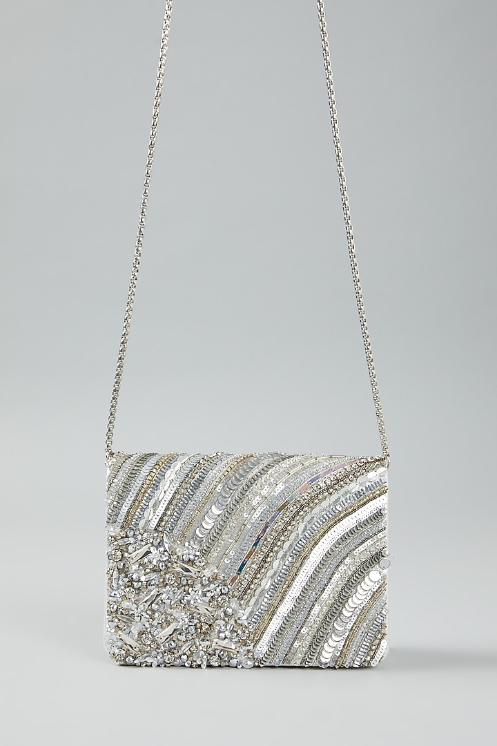 Silver Hand Embroidered Clutch Bag by The Purple Sack at Pernia's Pop Up Shop