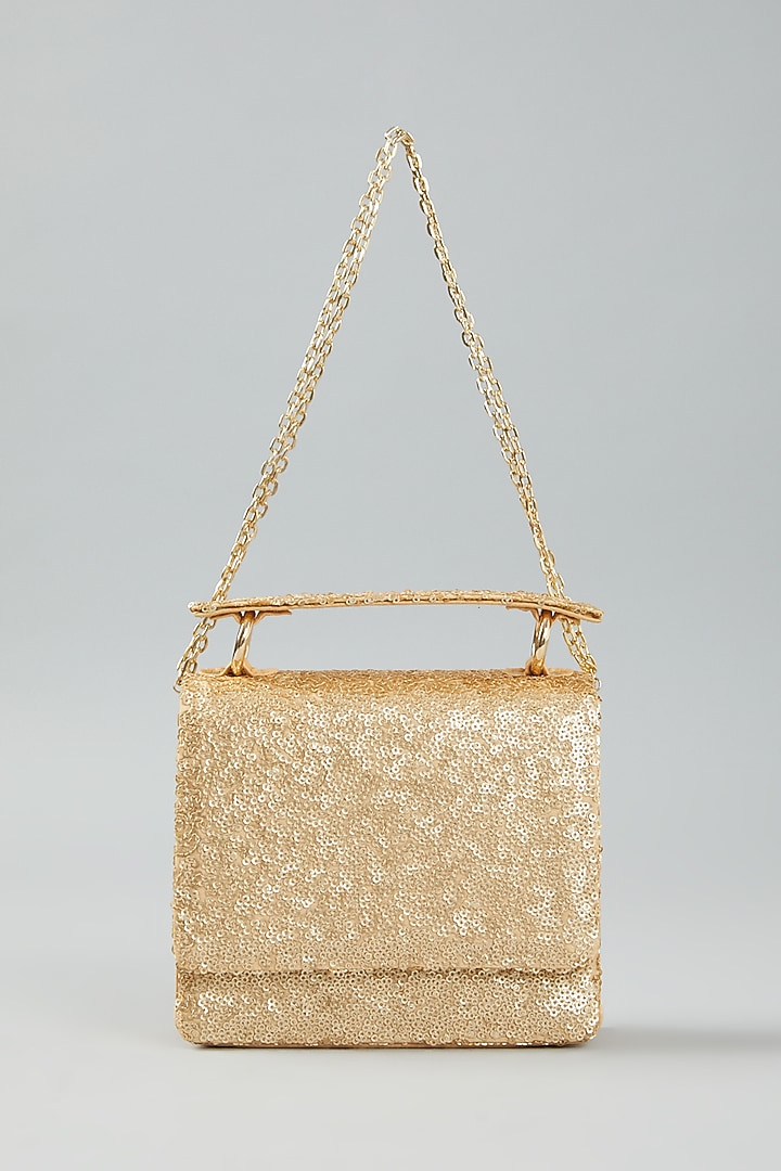 Gold Hand Embroidered Clutch Bag Design by The Purple Sack at Pernia's Pop Up Shop 2024