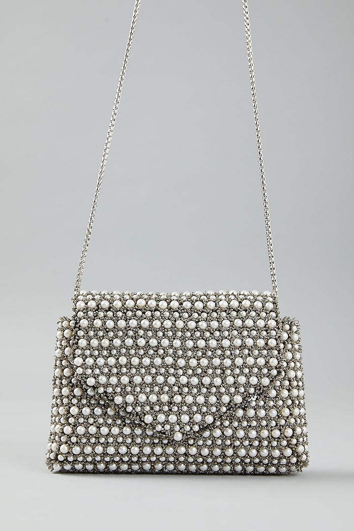 Grey Hand Embroidered Clutch Bag by The Purple Sack at Pernia's Pop Up Shop