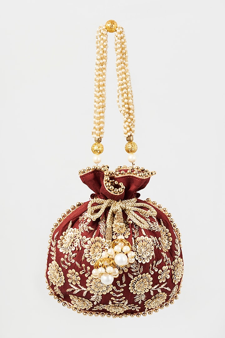 Maroon Embroidered Potli by The Purple Sack at Pernia's Pop Up Shop