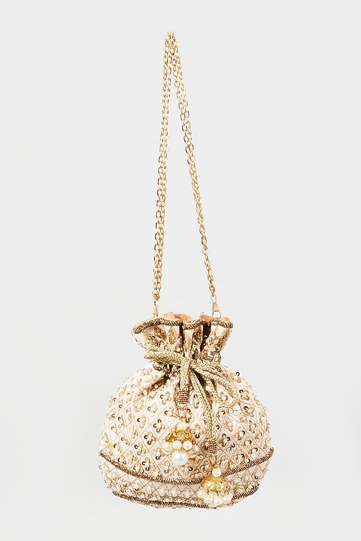 Beige Hand Embroidered Potli by The Purple Sack at Pernia's Pop Up Shop