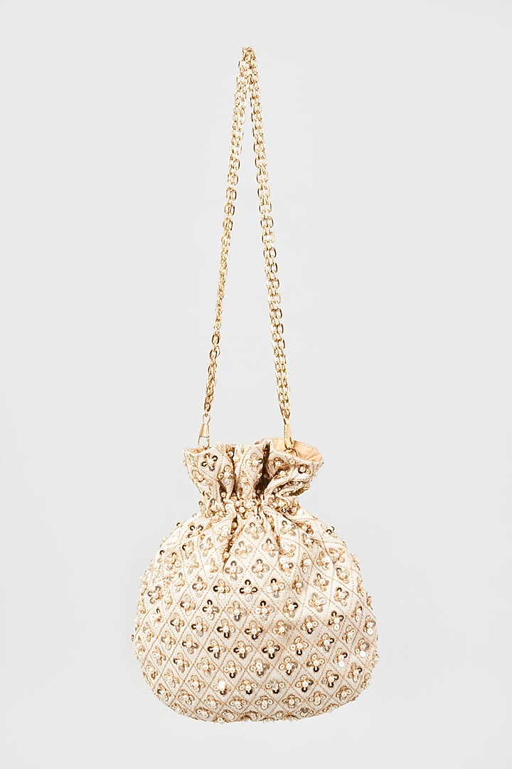 Beige Hand Embroidered Potli by The Purple Sack at Pernia's Pop Up Shop