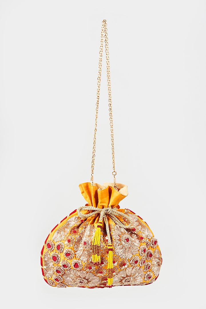 Yellow Hand Embroidered Potli by The Purple Sack