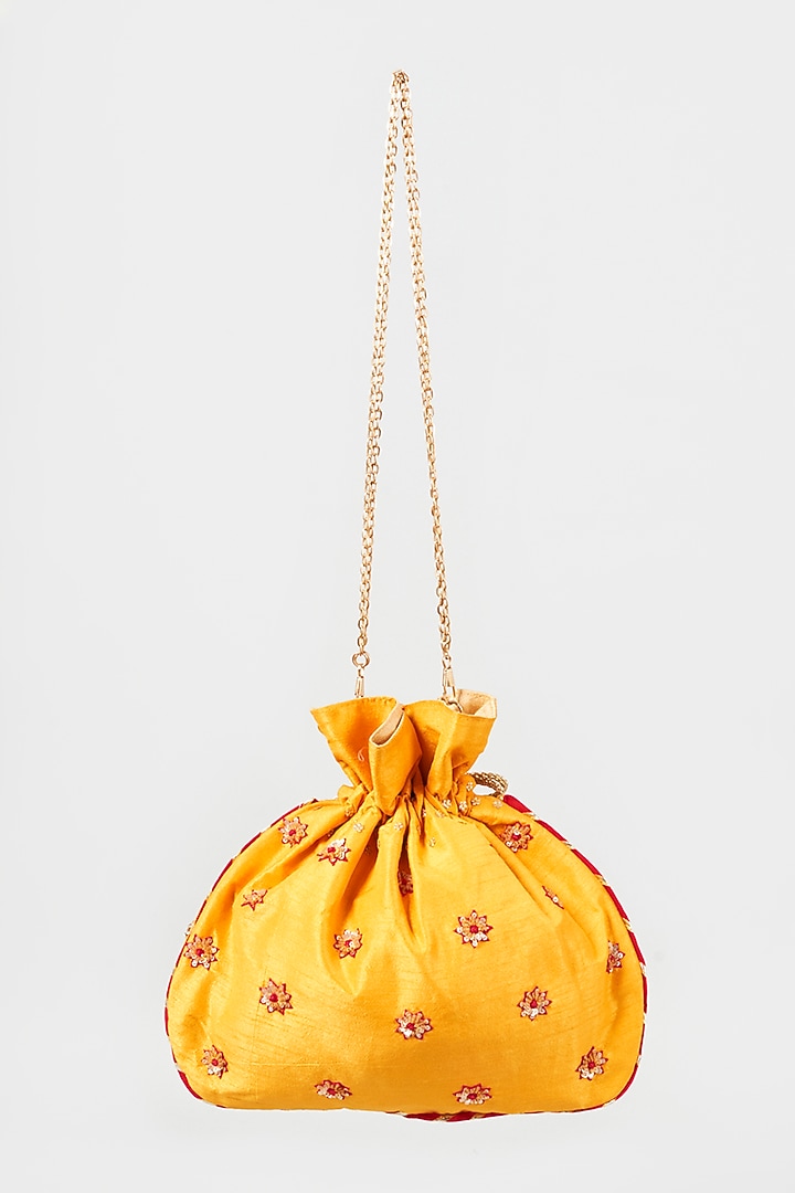Yellow Hand Embroidered Potli by The Purple Sack at Pernia's Pop Up Shop