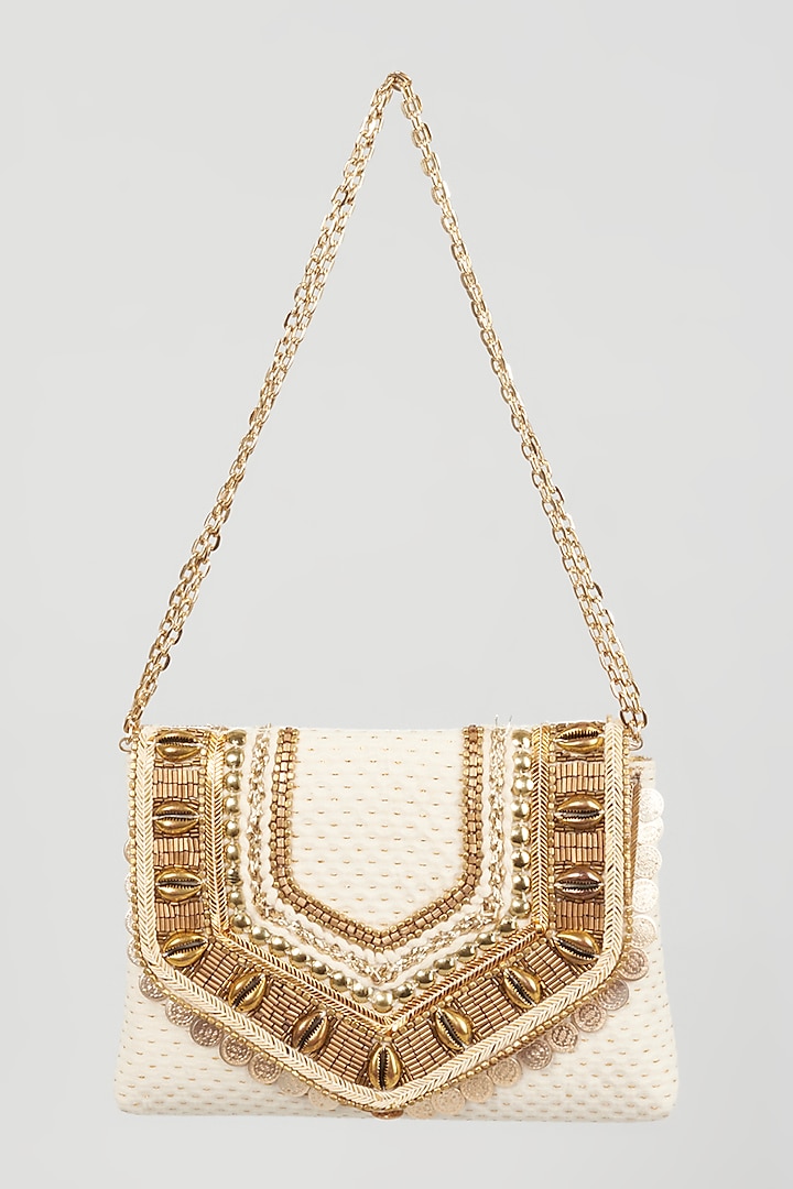 Gold Hand Embroidered V-Shaped Bag by The Purple Sack