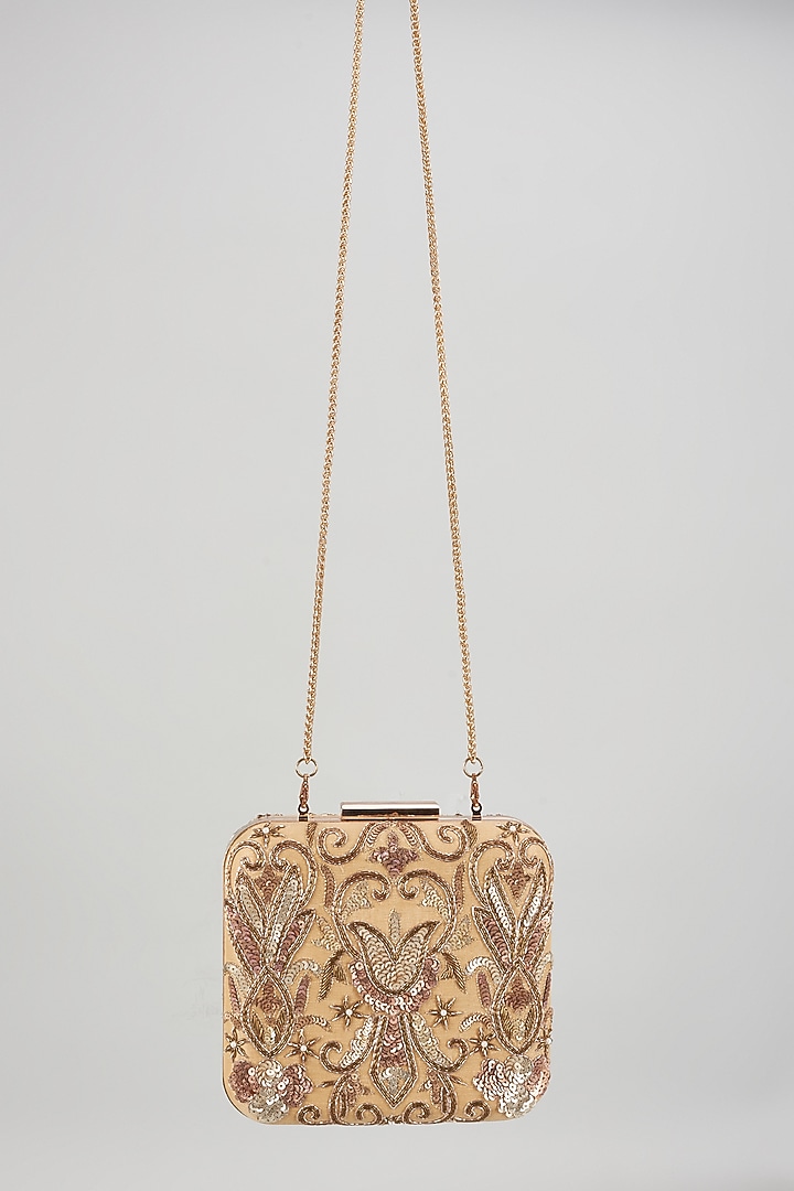 Gold Raw Silk Hand Embroidered Box Clutch by The Purple Sack at Pernia's Pop Up Shop