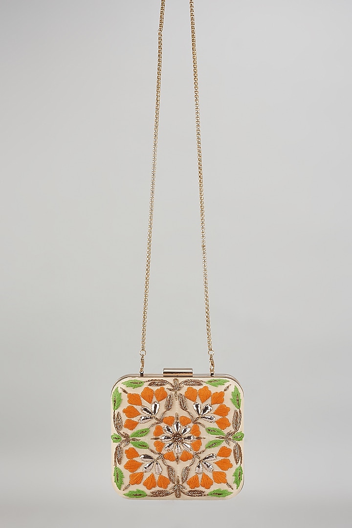 Multi-Colored Raw Silk Hand Embroidered Box Clutch by The Purple Sack at Pernia's Pop Up Shop