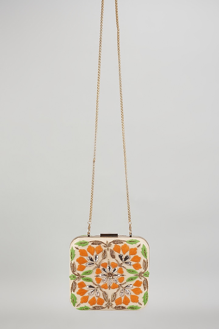 Multi-Colored Raw Silk Hand Embroidered Box Clutch by The Purple Sack at Pernia's Pop Up Shop