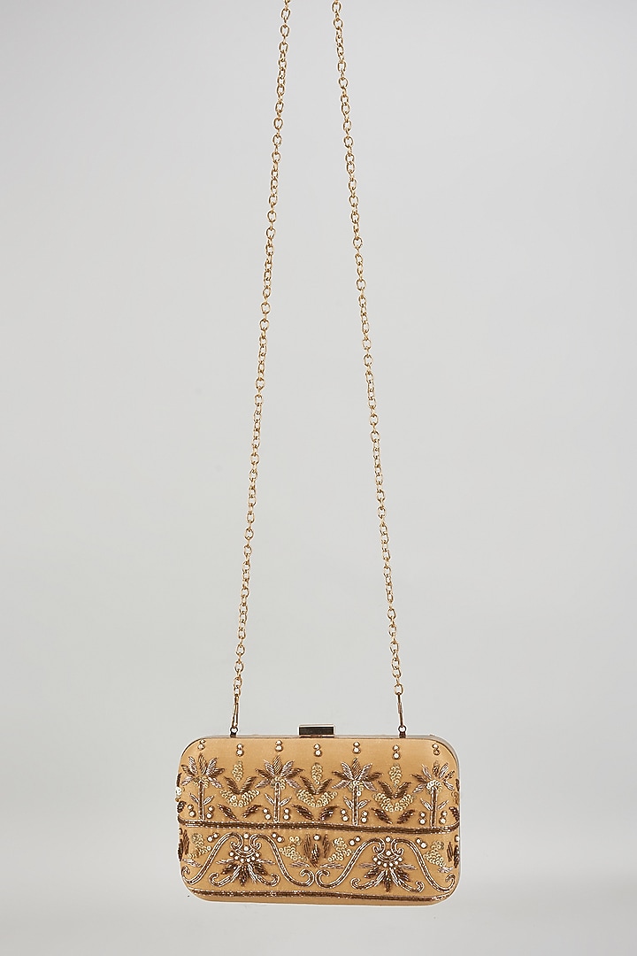 Gold Raw Silk Hand Embroidered Box Clutch by The Purple Sack at Pernia's Pop Up Shop