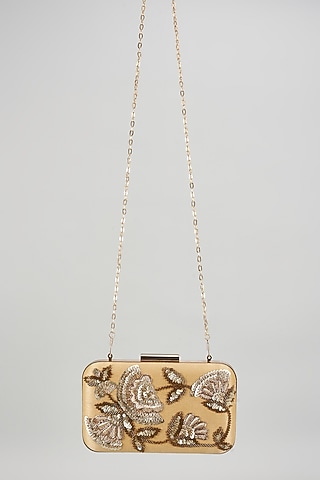 Gold Raw Silk Hand Embroidered Box Clutch by The Purple Sack