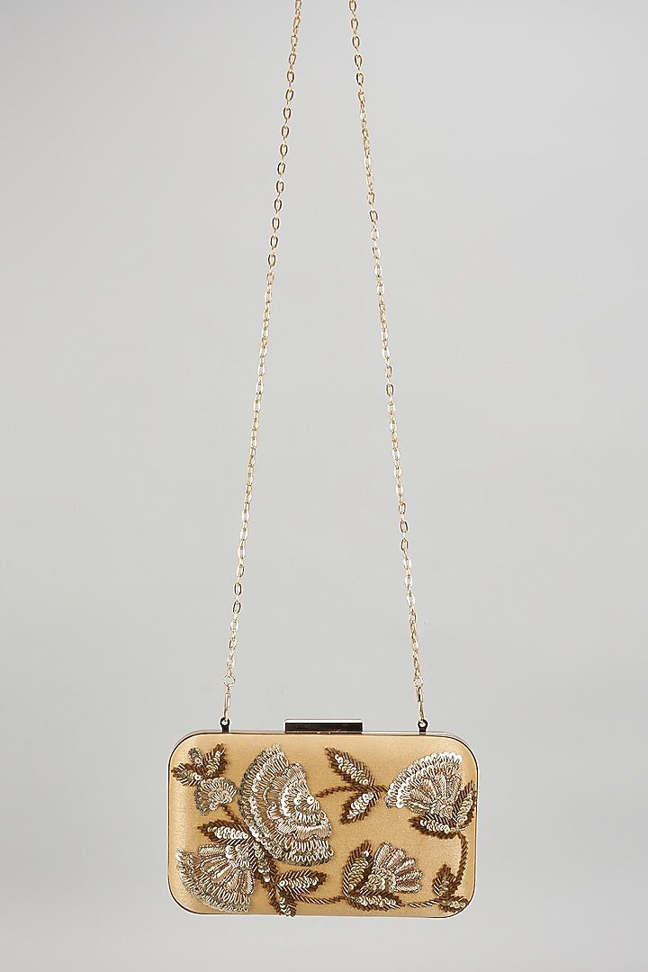 Gold Raw Silk Hand Embroidered Box Clutch by The Purple Sack at Pernia's Pop Up Shop