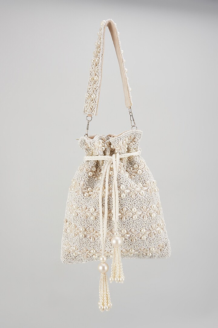 White Suede Hand Embroidered Potli by The Purple Sack at Pernia's Pop Up Shop