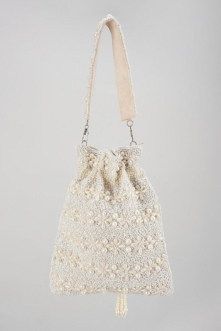 White Suede Hand Embroidered Potli by The Purple Sack at Pernia's Pop Up Shop