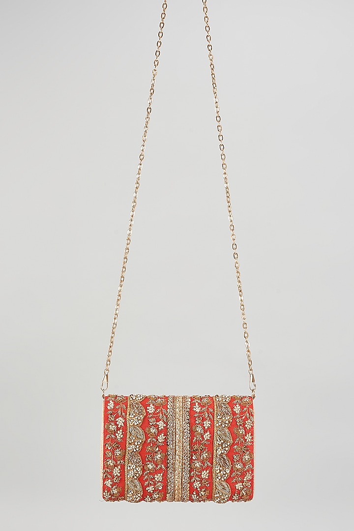 Red Raw Silk Embellished Clutch by The Purple Sack at Pernia's Pop Up Shop