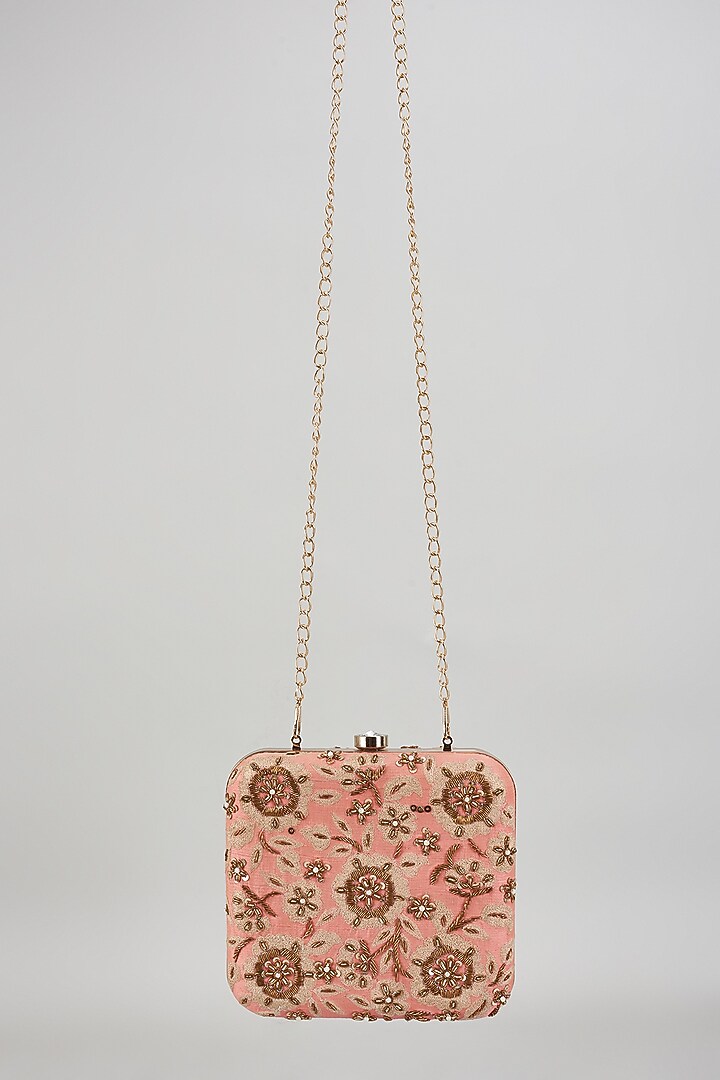Coral Raw Silk Hand Embroidered Box Clutch by The Purple Sack at Pernia's Pop Up Shop