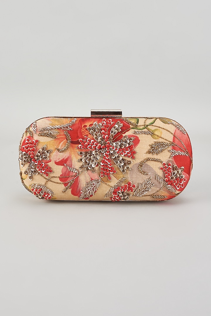 Multi-Colored Raw Silk Hand Embroidered Box Clutch by The Purple Sack