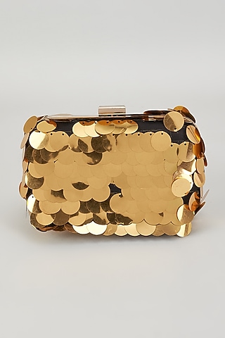 Gold Raw Silk Hand Embroidered Box Clutch by The Purple Sack