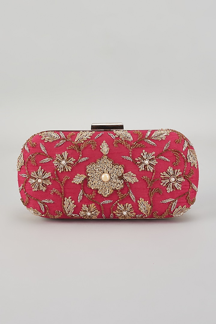 Pink Raw Silk Hand Embroidered Box Clutch by The Purple Sack
