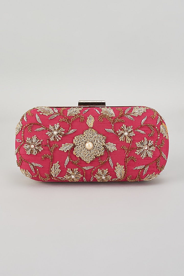 Pink Raw Silk Hand Embroidered Box Clutch by The Purple Sack at Pernia's Pop Up Shop