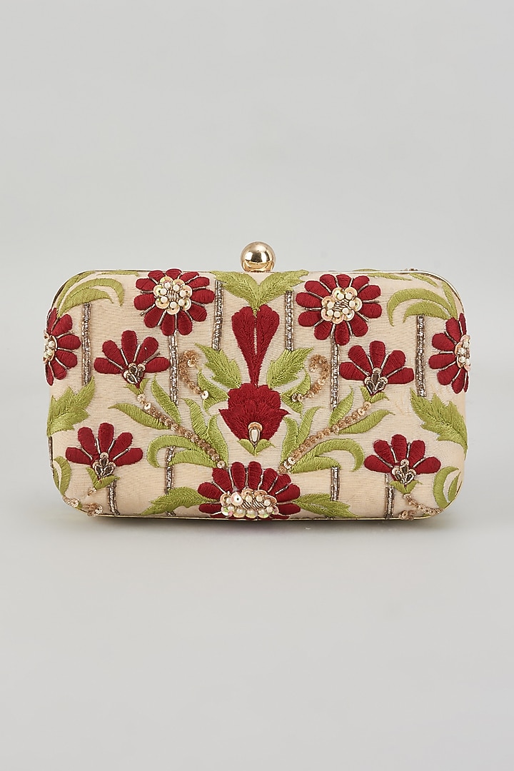 Multi-Colored Raw Silk Hand Embroidered Box Clutch by The Purple Sack at Pernia's Pop Up Shop