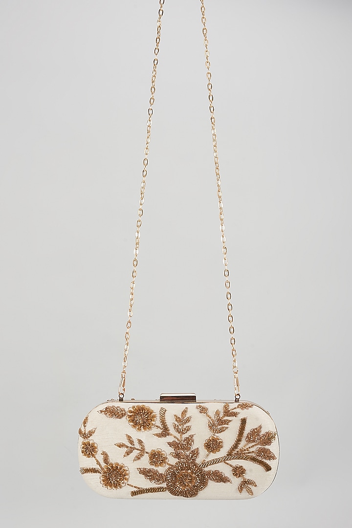 Beige Raw Silk Hand Embroidered Box Clutch by The Purple Sack at Pernia's Pop Up Shop