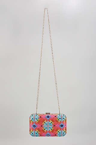 Multi-Colored Raw Silk Hand Embroidered Box Clutch by The Purple Sack