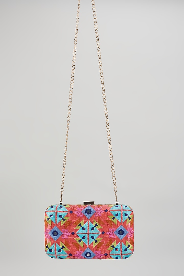 Multi-Colored Raw Silk Hand Embroidered Box Clutch by The Purple Sack at Pernia's Pop Up Shop