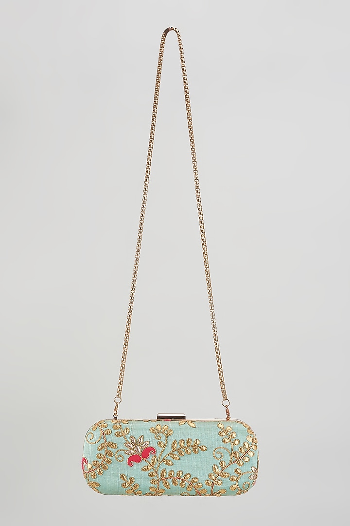 Multi-Colored Raw Silk Hand Embroidered Box Clutch by The Purple Sack at Pernia's Pop Up Shop