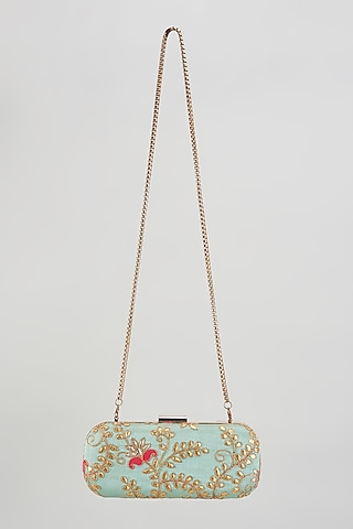 Multi-Colored Raw Silk Hand Embroidered Box Clutch by The Purple Sack
