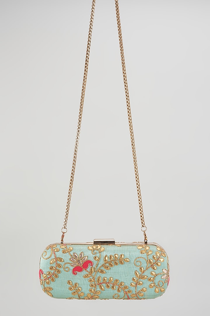 Multi-Colored Raw Silk Hand Embroidered Box Clutch by The Purple Sack at Pernia's Pop Up Shop