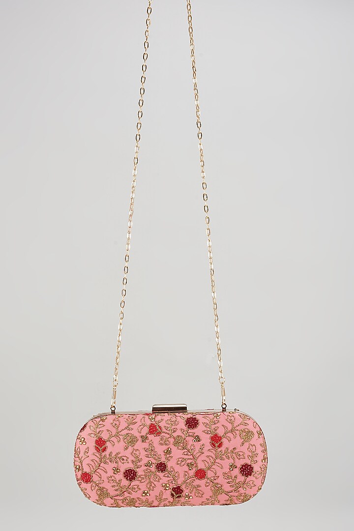 Pink Raw Silk Hand Embroidered Box Clutch by The Purple Sack at Pernia's Pop Up Shop