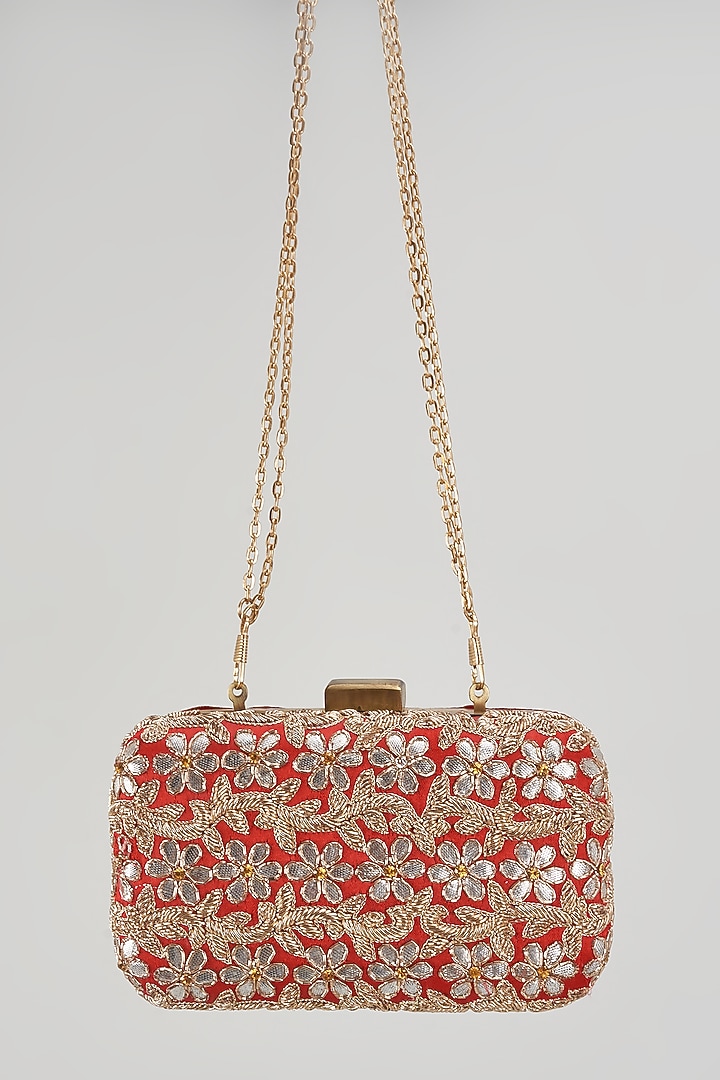 Red Raw Silk Hand Embroidered Box Clutch by The Purple Sack at Pernia's Pop Up Shop