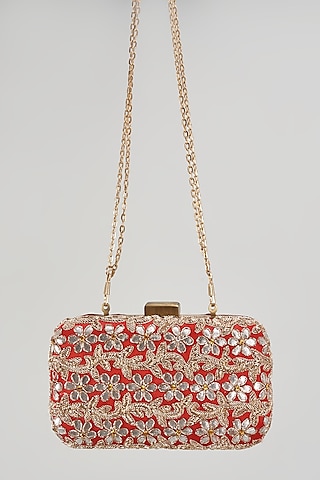 Red Raw Silk Hand Embroidered Box Clutch by The Purple Sack