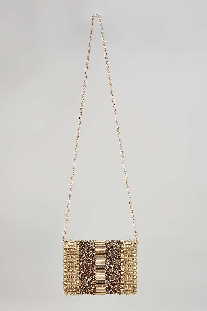 Golden Raw Silk Embellished Clutch by The Purple Sack