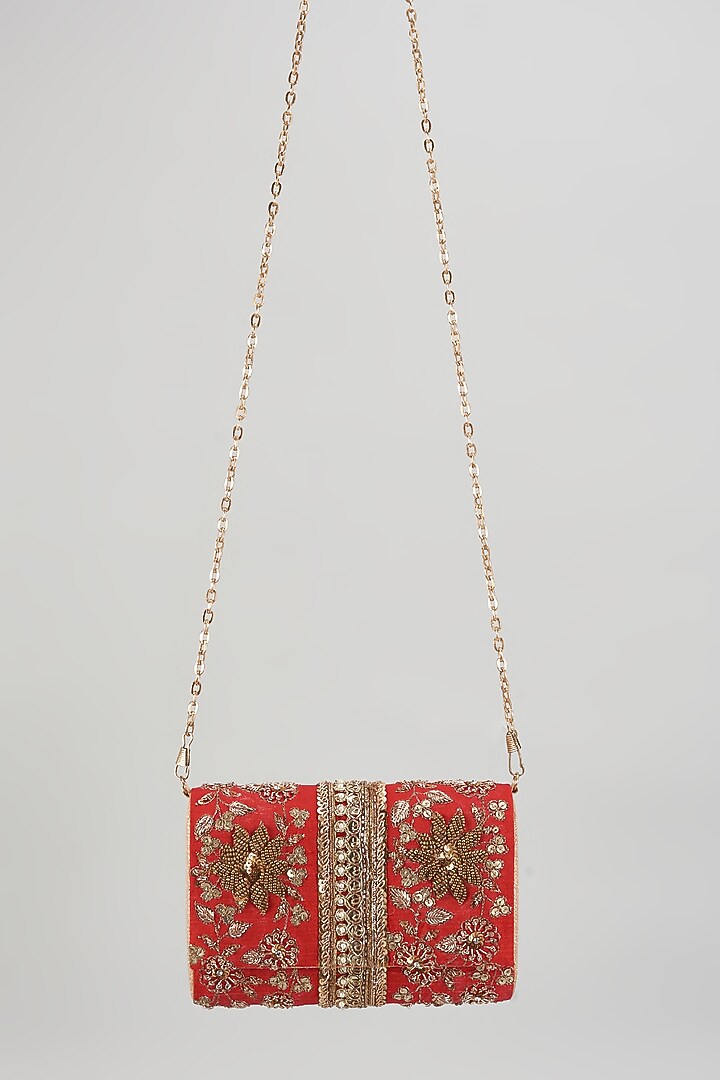 Red Raw Silk Hand Embroidered Clutch by The Purple Sack at Pernia's Pop Up Shop