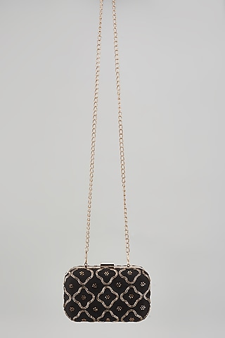 Black Raw Silk Hand Embroidered Box Clutch by The Purple Sack