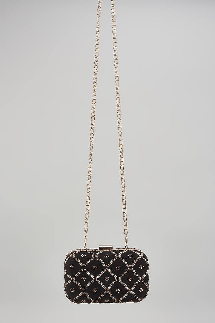 Black Raw Silk Hand Embroidered Box Clutch by The Purple Sack at Pernia's Pop Up Shop