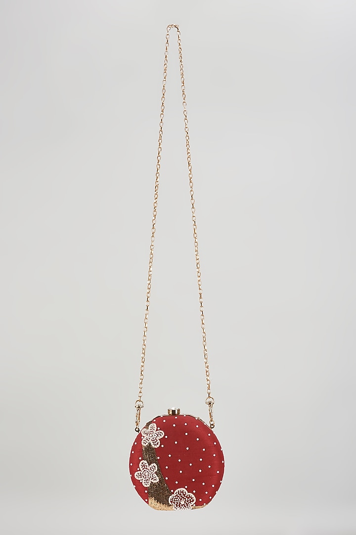 Red Raw Silk Hand Embroidered Box Clutch by The Purple Sack at Pernia's Pop Up Shop