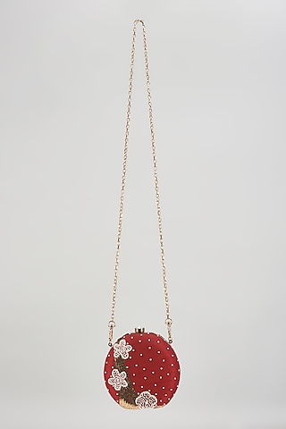 Red Raw Silk Hand Embroidered Box Clutch by The Purple Sack