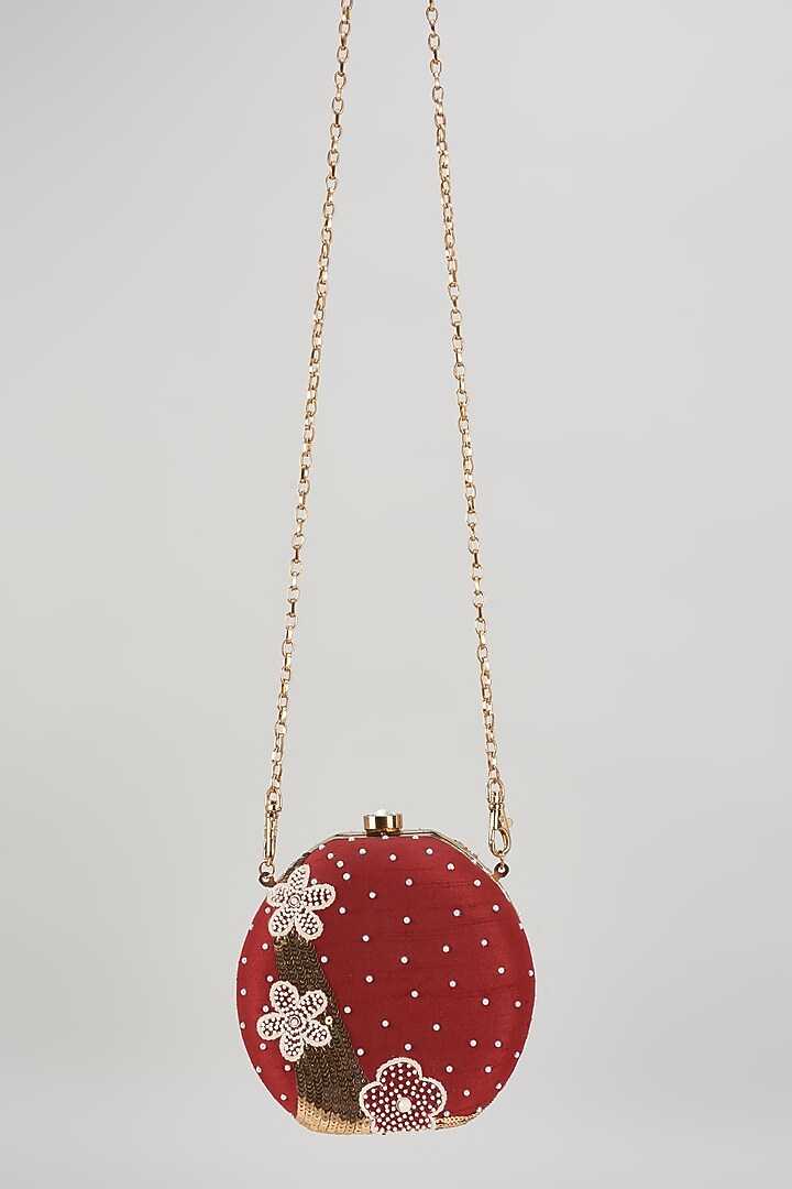 Red Raw Silk Hand Embroidered Box Clutch by The Purple Sack at Pernia's Pop Up Shop