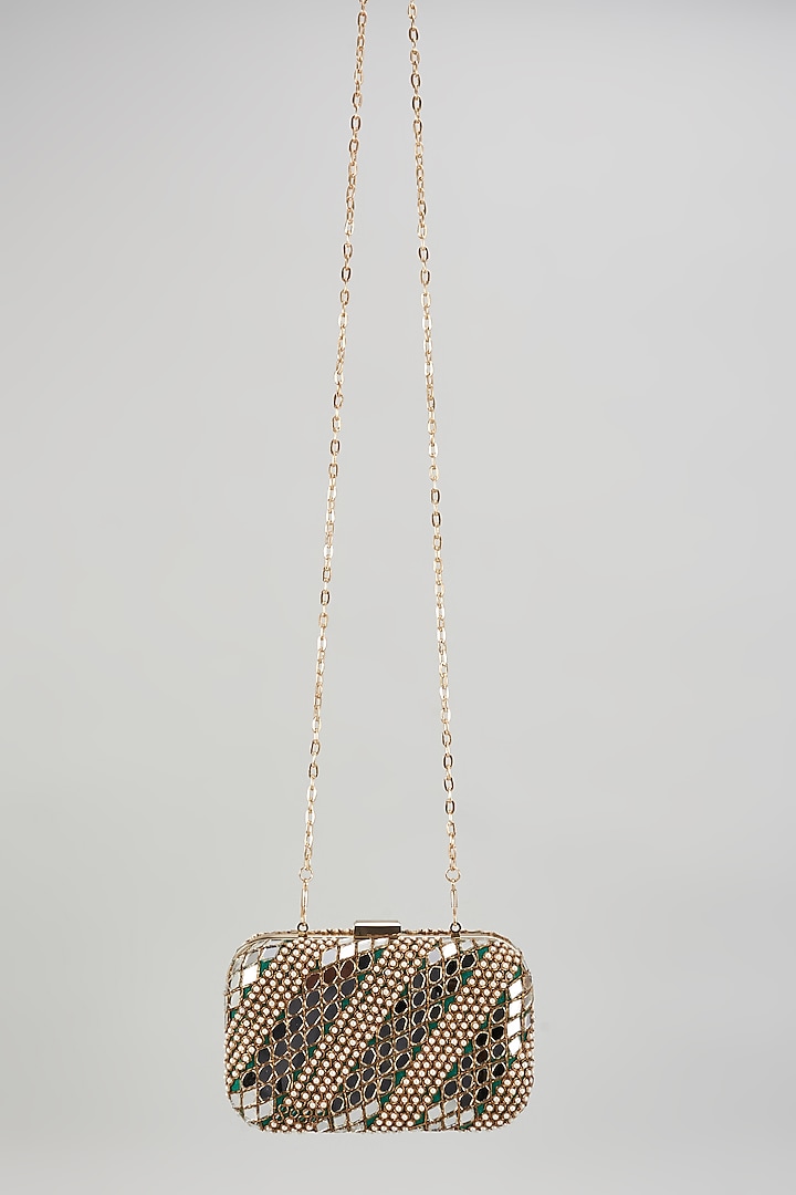 Golden Raw Silk Hand Embroidered Box Clutch by The Purple Sack at Pernia's Pop Up Shop