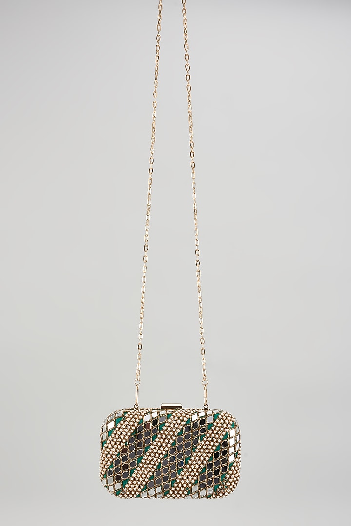 Golden Raw Silk Hand Embroidered Box Clutch by The Purple Sack at Pernia's Pop Up Shop